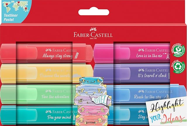 Faber-Castell 254626 - zestaw zakreślaczy TL 46, 8 sztuk, pastelowe kolory, z trwałą końcówką klinową, szerokość kreski 1-5 mm