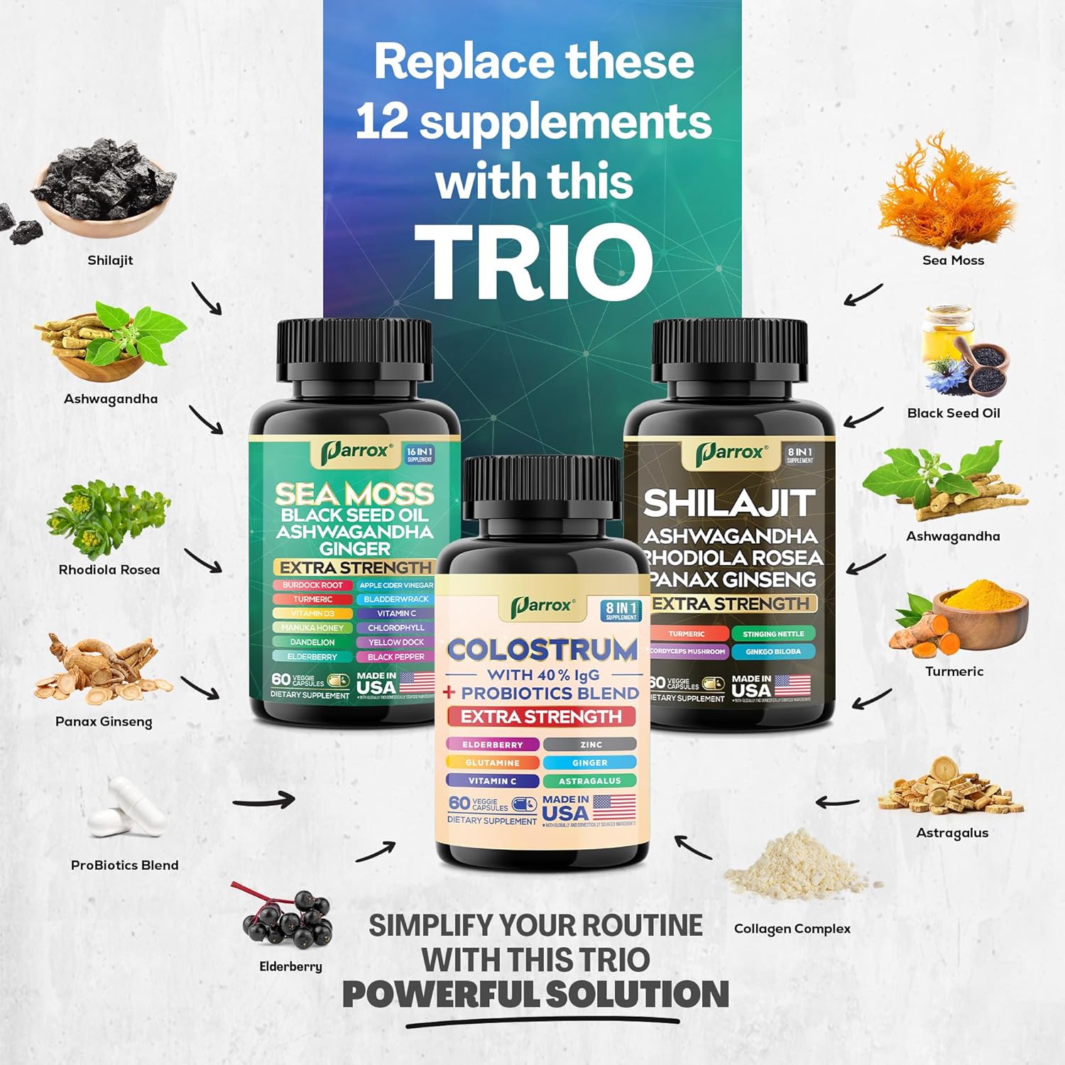 Complete Vitality Trio - Sea Moss, Black Seed Oil, Ashwagandha, Burdock Root, Colostrum, Probiotics, Elderberry, Vitamin C, Astragalus, Panax Ginseng, Ginkgo Biloba, Rhodiola Rosea, Turmeric - Image 3
