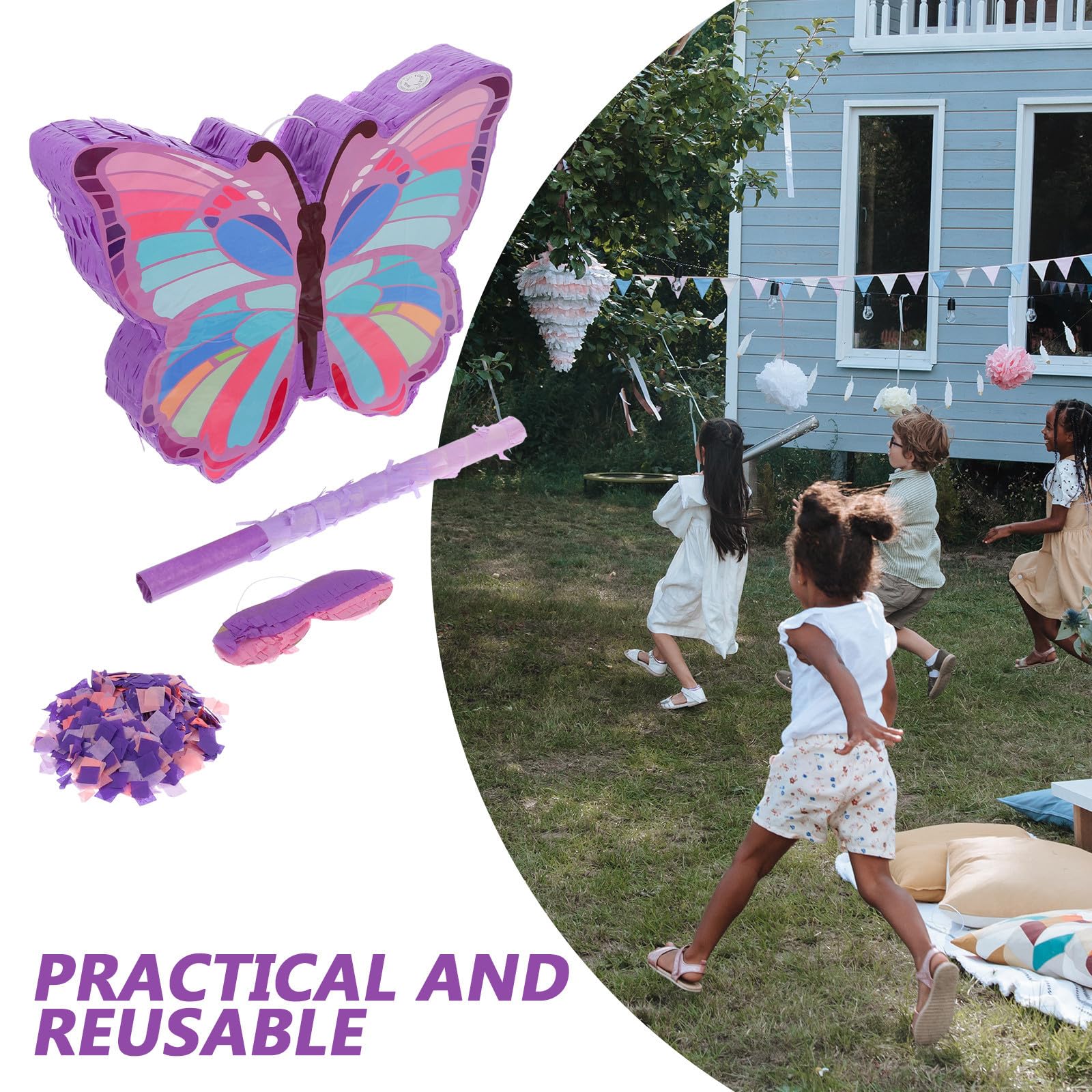 Piñata de Fiesta de Cumpleaños con Palo Tema de Mariposas para Niñas, Papel Resistente y Reutilizable, Diseño Único y Colores Vibrantes para Fiestas Infantiles