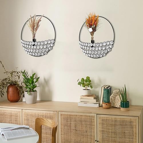 Miniatura 2 de Juego de 2 macetas colgantes redondas de metal con diamantes de imitación de 11.8 x 11.8 pulgadas, flores secas, decoración de pared, florero de