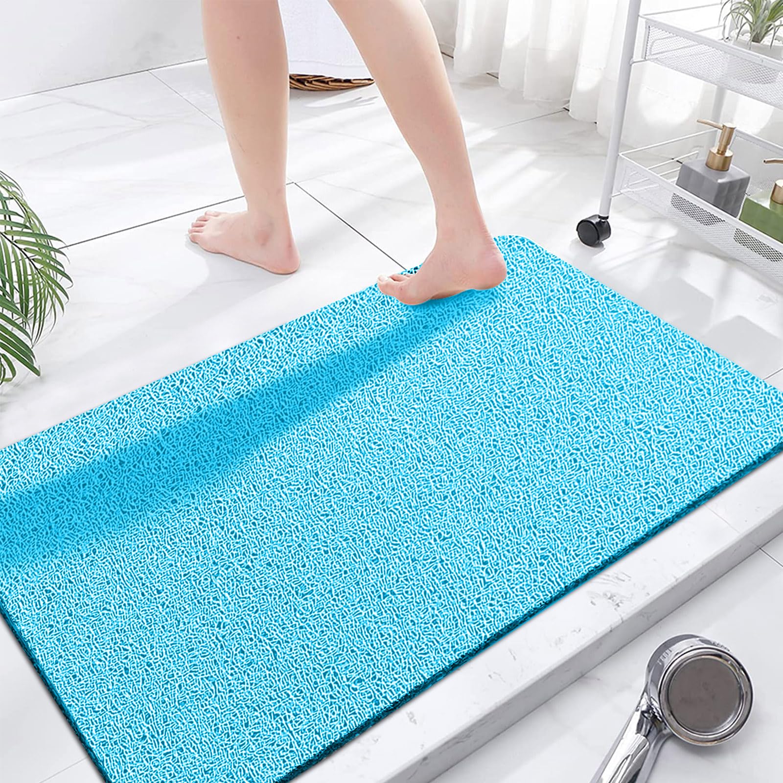 Non Slip Loofah Shower Mat, 23.6x47.2 Inch, Anti Slip Bath Mat for Wet Areas, Quick Drying, No Suction Cups, Turquoise Blue