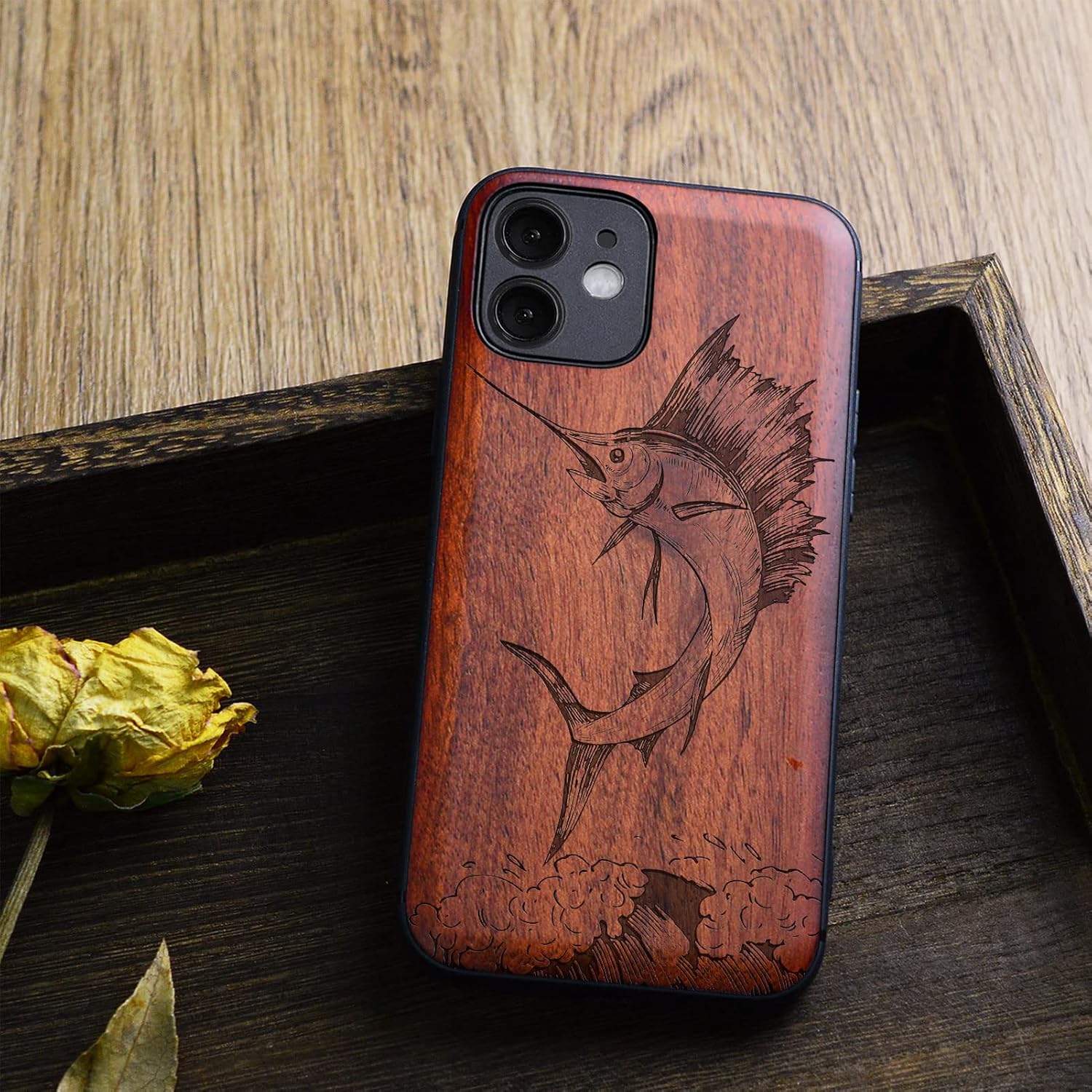 Carveit Magnetic Wood Case for iPhone 12 Case [Natural Wood & Black Soft TPU] Shockproof Protective Unique & Classy Wooden Cover Compatible with MagSafe (Sailfish- Rosy)