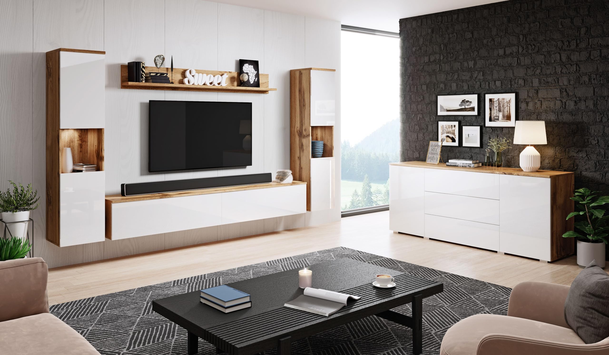 Conjunto de Muebles de salón Paris XL, iluminación LED incluida, Juego de Muebles de salón (Wotan/Blanco Brillo)