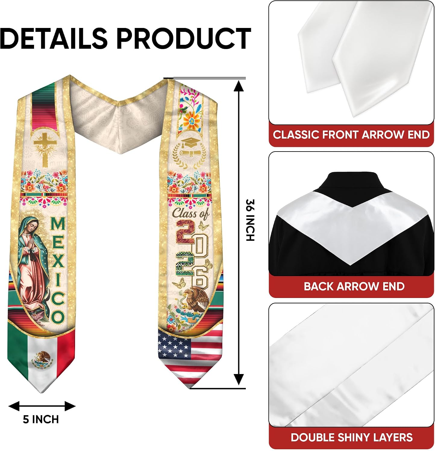 Mexican American Stole 2026, Cross Graduate Stole, Mexican Graduation Sash, Class of 2026