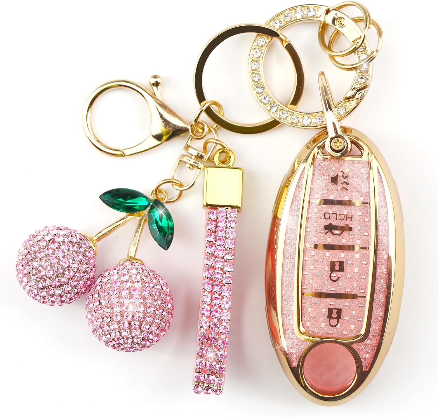 Sparkly Key Fob Cover with Cherry Keychain, Bling TPU Smart Key Case for Women, Compatible with Nissan Altima Murano Juke Sentra Rogue Pathfinder Titan Maxima Kicks (4-Button, Gold Pink)