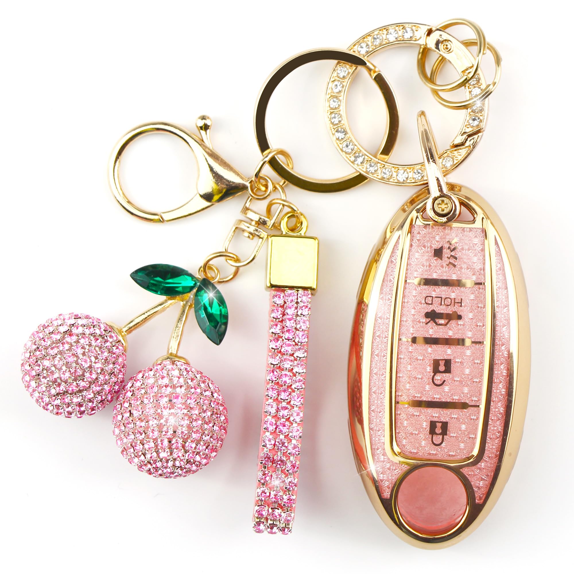 Sparkly Key Fob Cover with Cherry Keychain, Bling TPU Smart Key Case for Women, Compatible with Nissan Altima Murano Juke Sentra Rogue Pathfinder Titan Maxima Kicks (4-Button, Gold Pink)