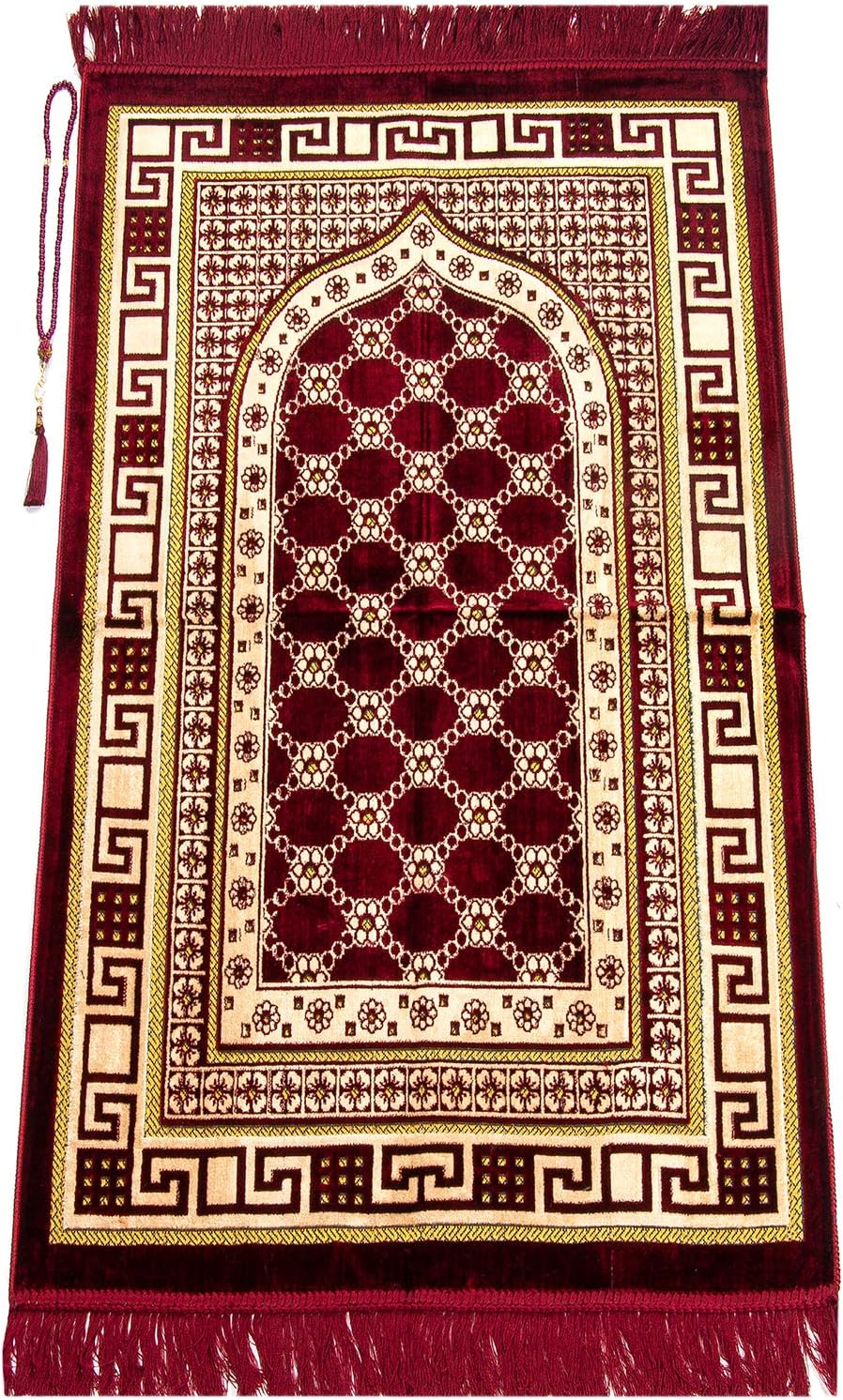 Luxury Velvet Muslim Prayer Rug with Prayer Beads Janamaz Sajadah