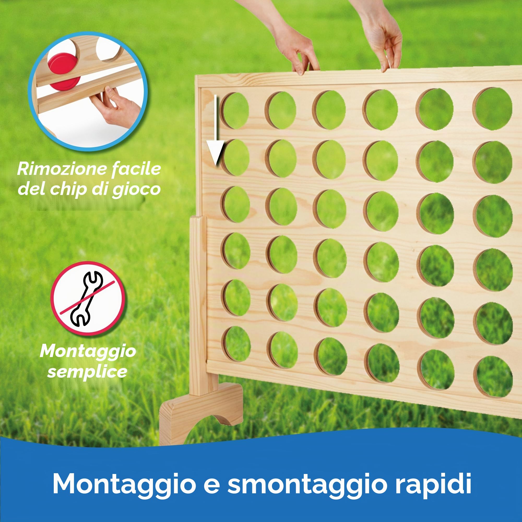 Toyfel Gioco da tavolo Forza 4 XXL Naturale in legno di pino FSC® Connetti | Quattro 4 di fila di strategia da interni o esterni per adulti e bambini certificato giocattolo gigante Ace