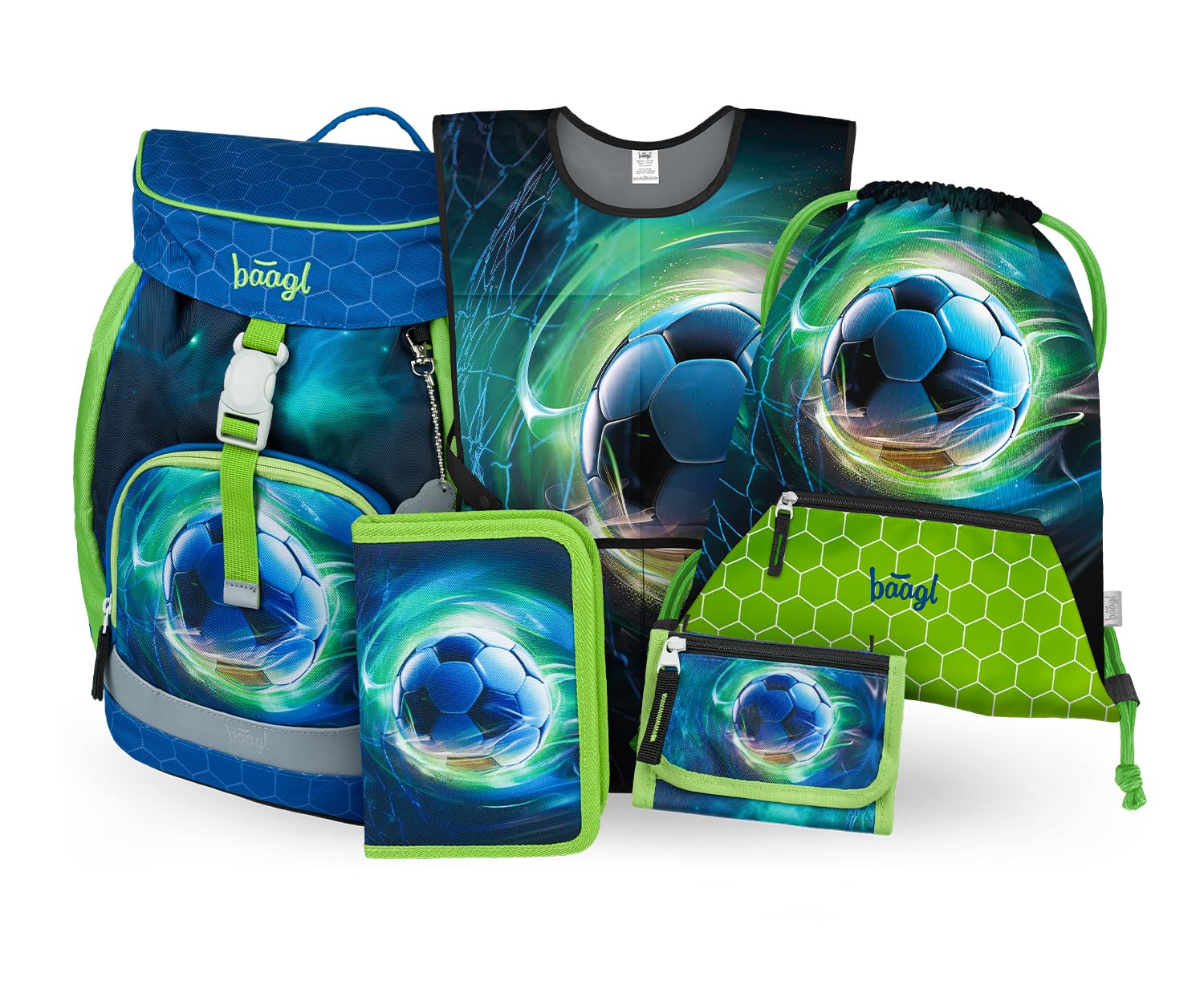 Baagl Schulranzen Jungen Set 5 Teilig Airy Schultasche 16,5 l - Fußball | Ergonomischer Schulrucksack und Ranzen für die Grundschule mit praktischem Zubehör wie Turnbeutel, Schürze und Brustbeutel.