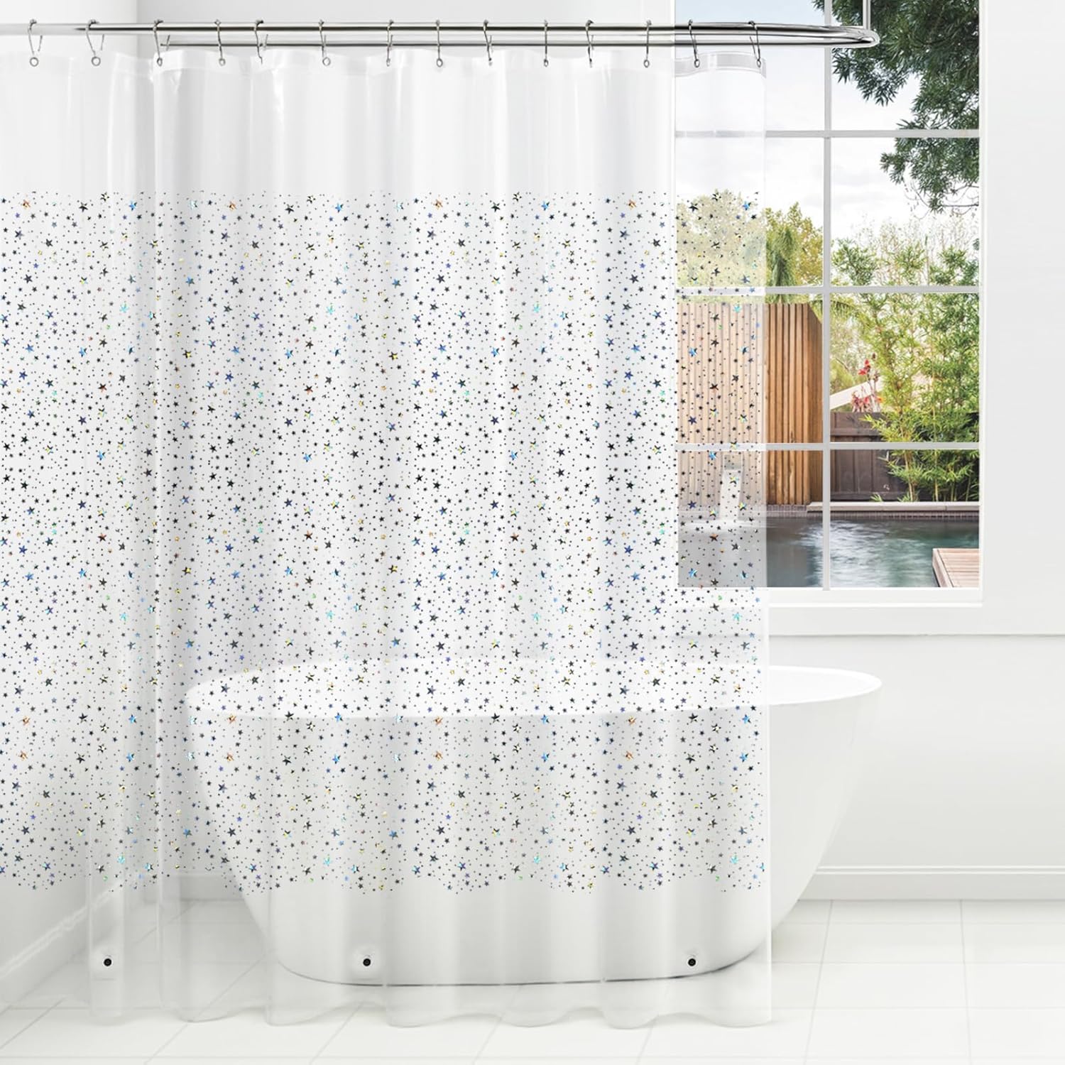 Holographic PEVA Shower Curtain Liner, Glitter Gem Pattern, 70 x 72 in | Waterproof Clear Plastic, 3 Bottom Magnets, 12 Rustproof Grommets, Color-Changing Effect, For Stalls and Tubs