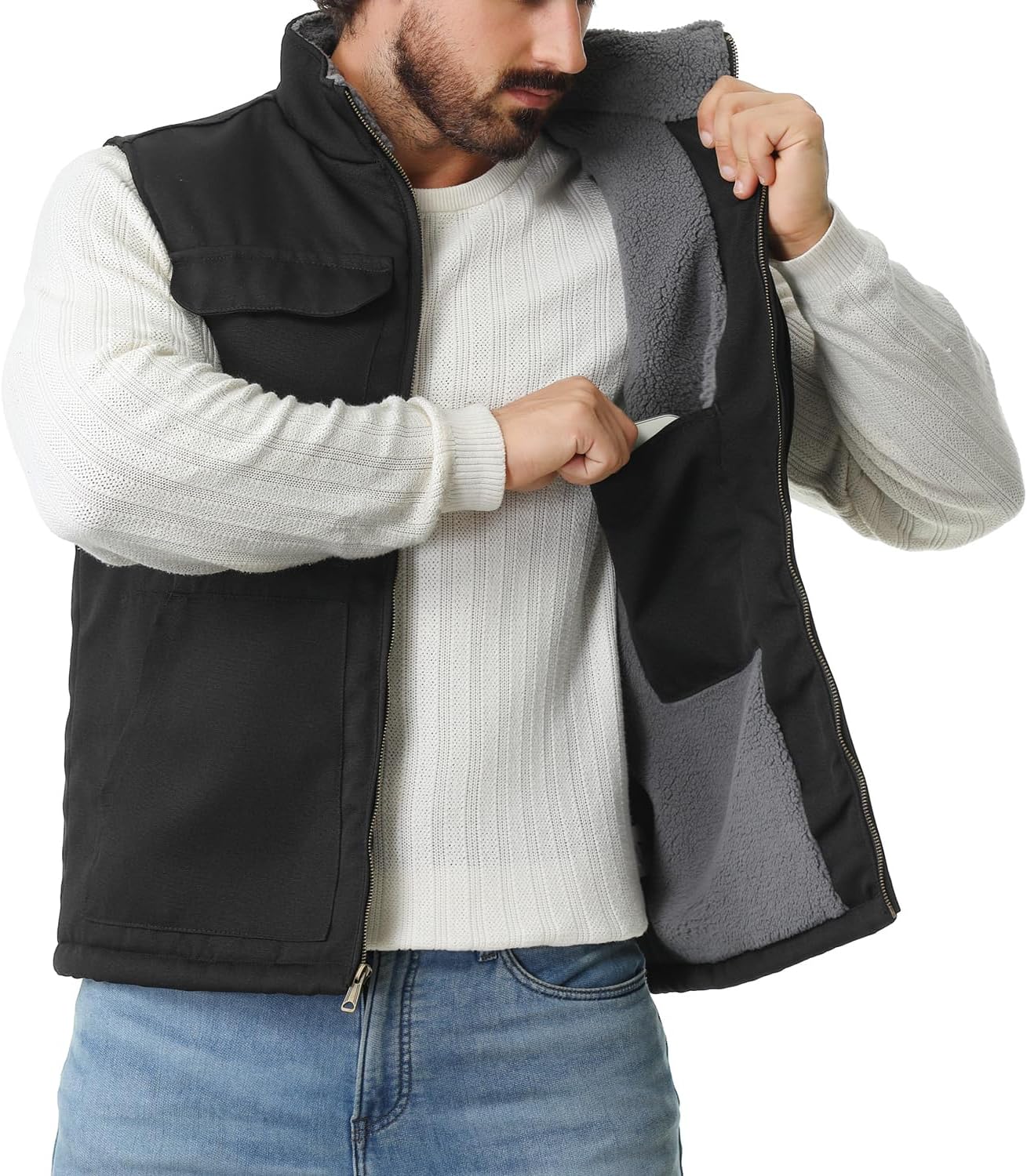 Men's Loose Fit Washed Duck Fleece-Lined Waterproof Workwear Mock-Neck Vest - Image 4