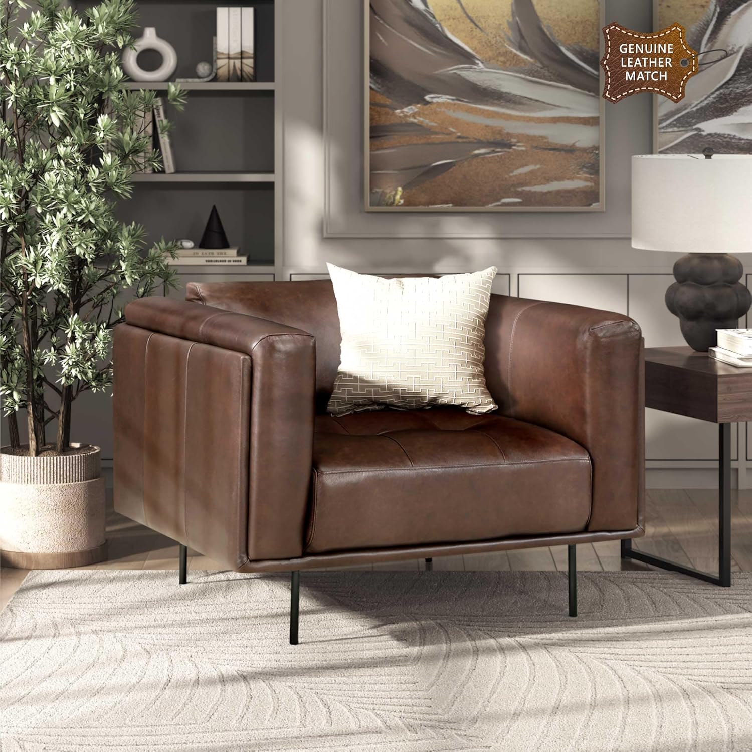 Lexicon Leather Chair, Oversized Seat, Top Grain Leather Lounge Chair, Modern Sofa Arm Seat, for Living Room, Bedroom, Office, Armchair, Brown