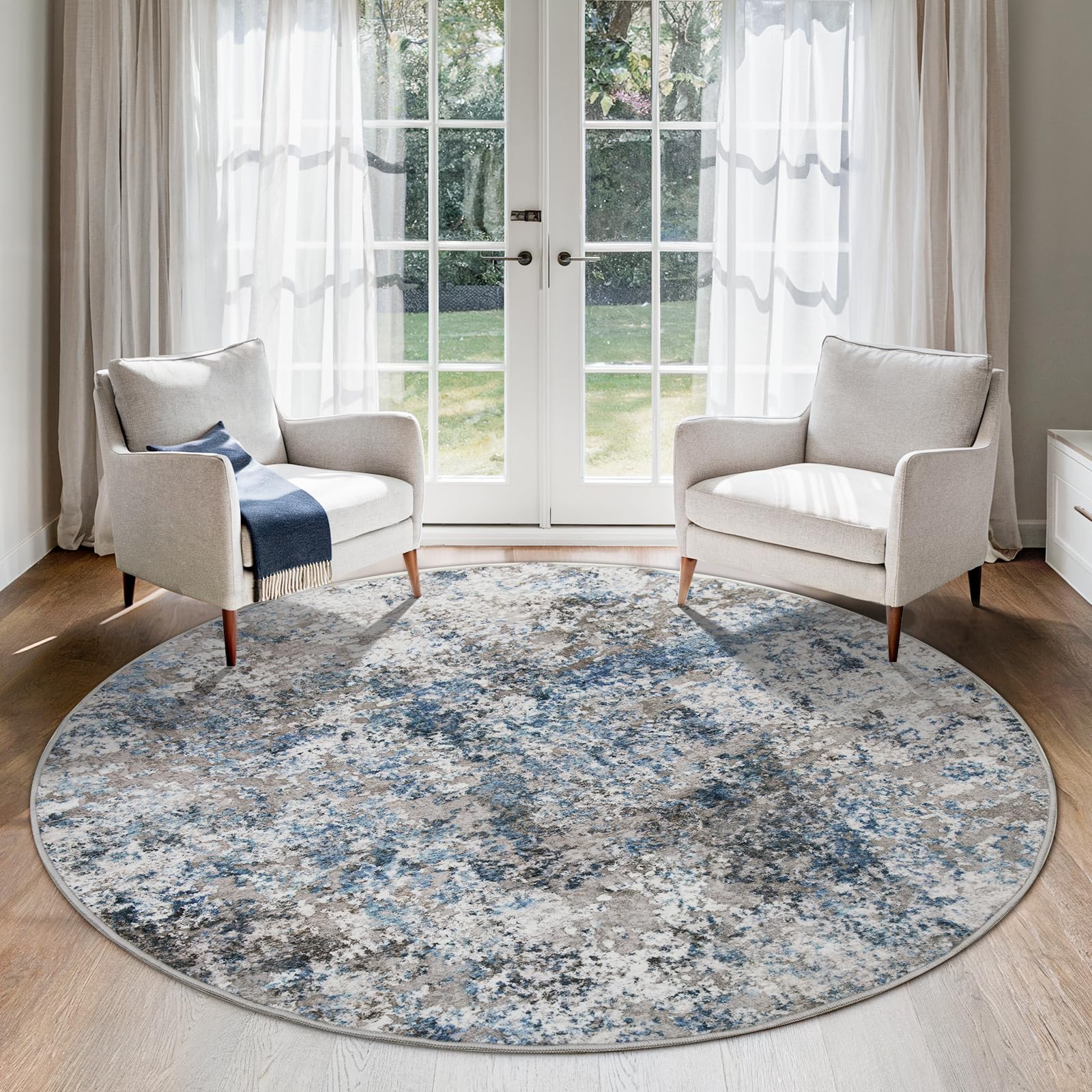 6ft Round Area Rug for Living Room- 6x6 Washable Neutral Abstract Rug for Bedroom Modern Soft Dining Room Rug No Slip Low Pile Carpet for Nursery Home