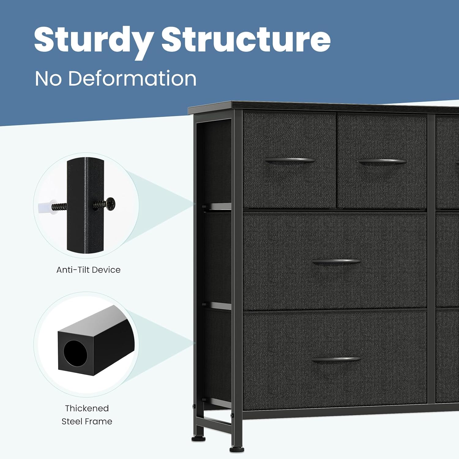 DUMOS Dresser for Bedroom with 8 Fabric Drawers, Wide Fabric Dresser for Closet, Storage Tower with Wood Top and Mental Frame, Storage Unit for Living Room,Hallway, Entryway, Black
