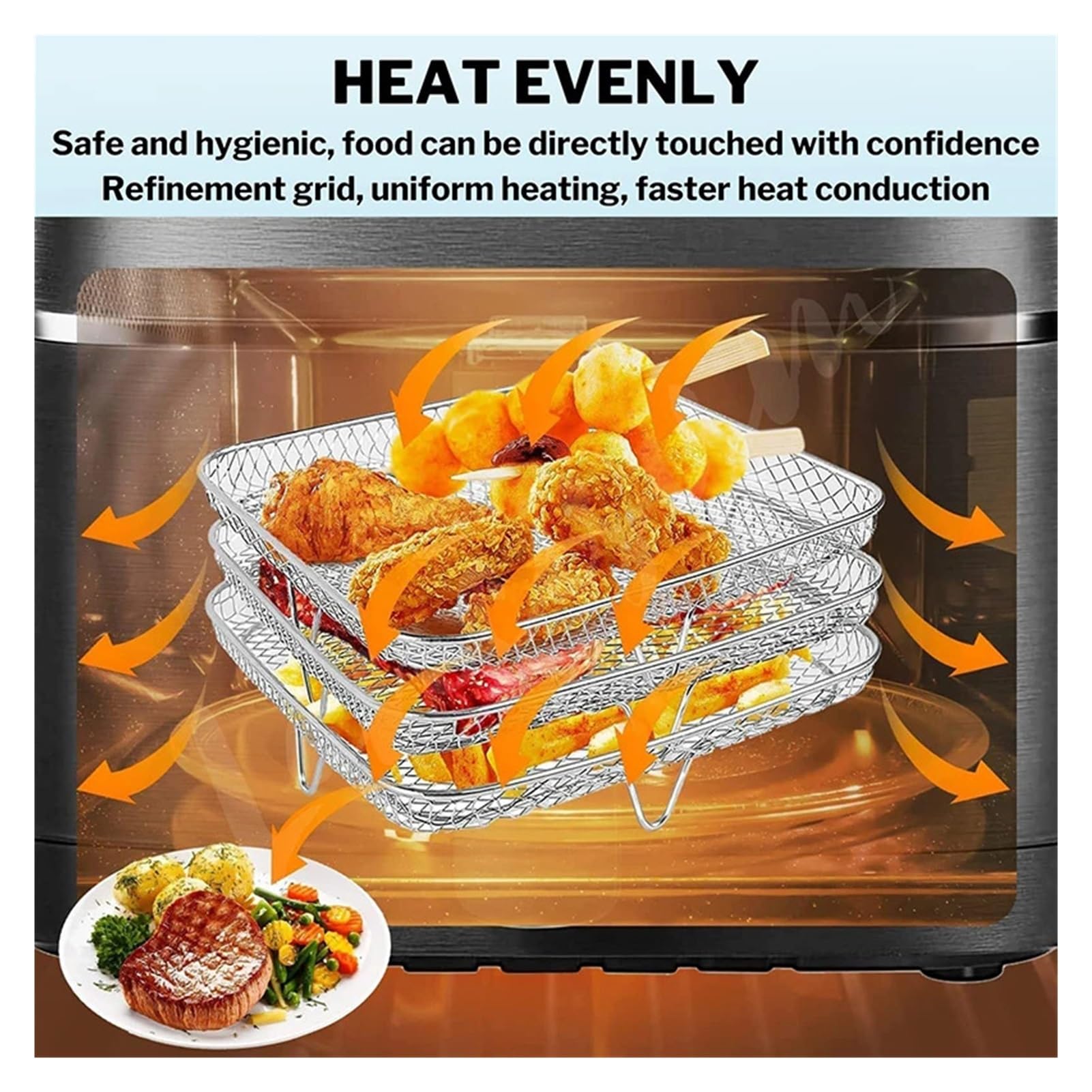 Accesorio para freidora de Aire: Rejilla de Acero Inoxidable para Barbacoa de 3 Niveles para Asar Carne a la perfección. Herramienta Esencial para freír y cocinar.