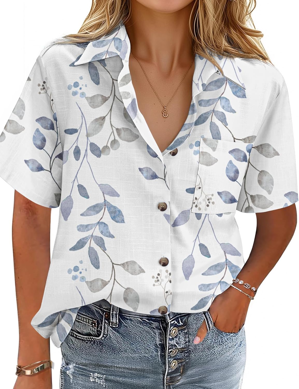 HOTOUCH Cotton Linen Button Down Shirt for Women V Neck Collared Blouse Casual Short Sleeve Tops with Pocket