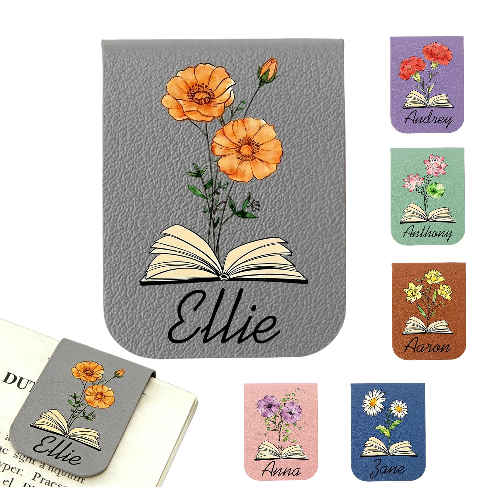 Personalised Magnetic Bookmark, Custom Name Magnetic Bookmark with Birth Flower for Books, Journals & Bibles, Custom Leather Book Marks for Book Lovers, Teacher, Valentine's Day (Gray)