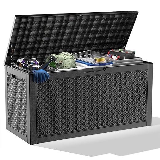 DRATO 110 Gallon Waterproof Outdoor Storage Box - Outside Deck Box for Cushions, Tools, Outdoor Storage Bin for Garden, Poolside, Porch (Black)