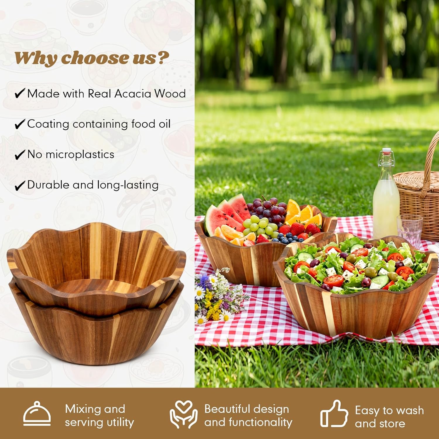 2 Pcs Scalloped Decorative Wooden Bowl 12 Inch Acacia Wood Fruit & Serving Bowl Handcrafted Rustic Decorative Bowls for Fruit, Salad, Snacks and Home Kitchen Counter Decor Wedding Decor