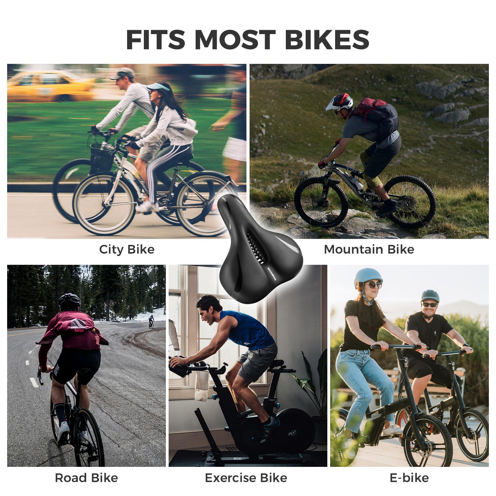 ROCKBROS Siodełko Rowerowe Wygodne Siodło Rowerowe Ergonomiczne Szerokie Siodełko Kolarskie Wodoodporne Oddychające Amortyzujące Żelowe dla Kobiet Mężczyzn Siodełka do Roweru Miejskiego/Górskiego