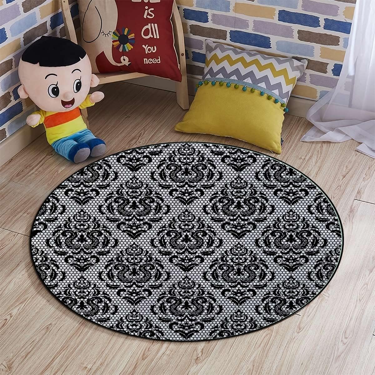 Victorian Style Office Home Chair Mat Gaming Computer Rolling Chair Mats Round Chair Cushion Non-Slip Low-Pile Hardwood Floor Mats Baroque Vintage Lace Style,Black and White Diameter 35.5 in