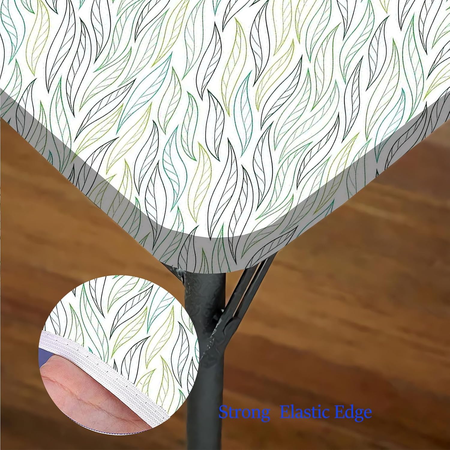 Leaf Table Cover Square, Floral Leaf Patterns Ornamental Lines Elastic Table Cover Square, Fits 44x44 inch Table, for Restaurants Picnic Patio Outdoor Party Decor, Green Soft Green Navy Blue