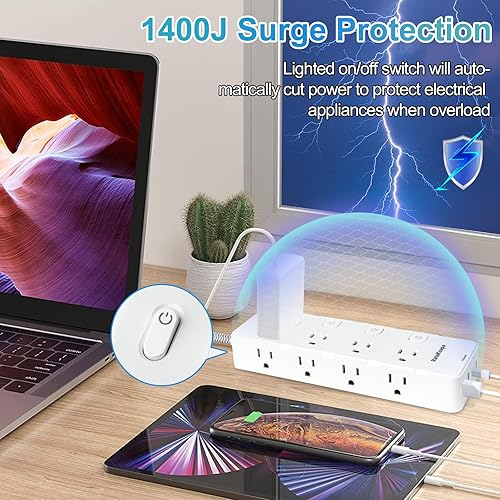 Miniatura 5 de Regleta protectora de sobretensiones de 10 pies, 8 salidas de CA, 4 puertos USB (2 USB C), cable de extensión de enchufe plano con múltiples tomas,