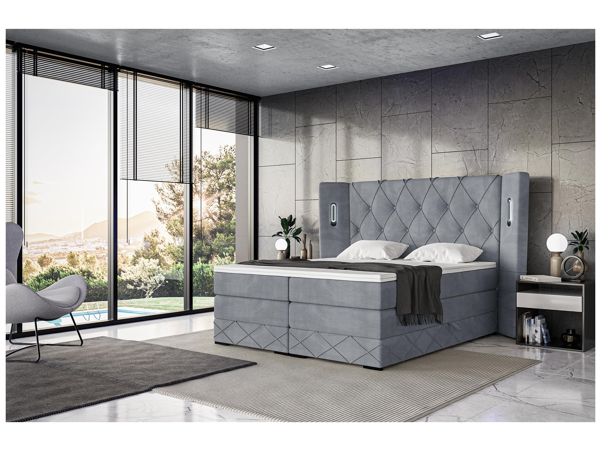 MEBLINI King Boxspringbett mit Bettkasten - Gepolstert Doppelbett mit Matratze und Topper - Polsterbett mit Stauraum - Bett mit LED Kopfteil - Stauraumbett - Manuel - 180x200 - H3/Grau Samt