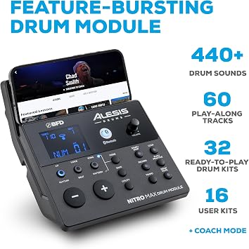 Alesis Nitro Max Electric Drum Set | 10 Dual-Zone Snare, 8 Toms, 10 Cymbals, Quiet Mesh Heads, Bluetooth, 440+ BFD Sounds, USB MIDI, Drumeo, for Beginners