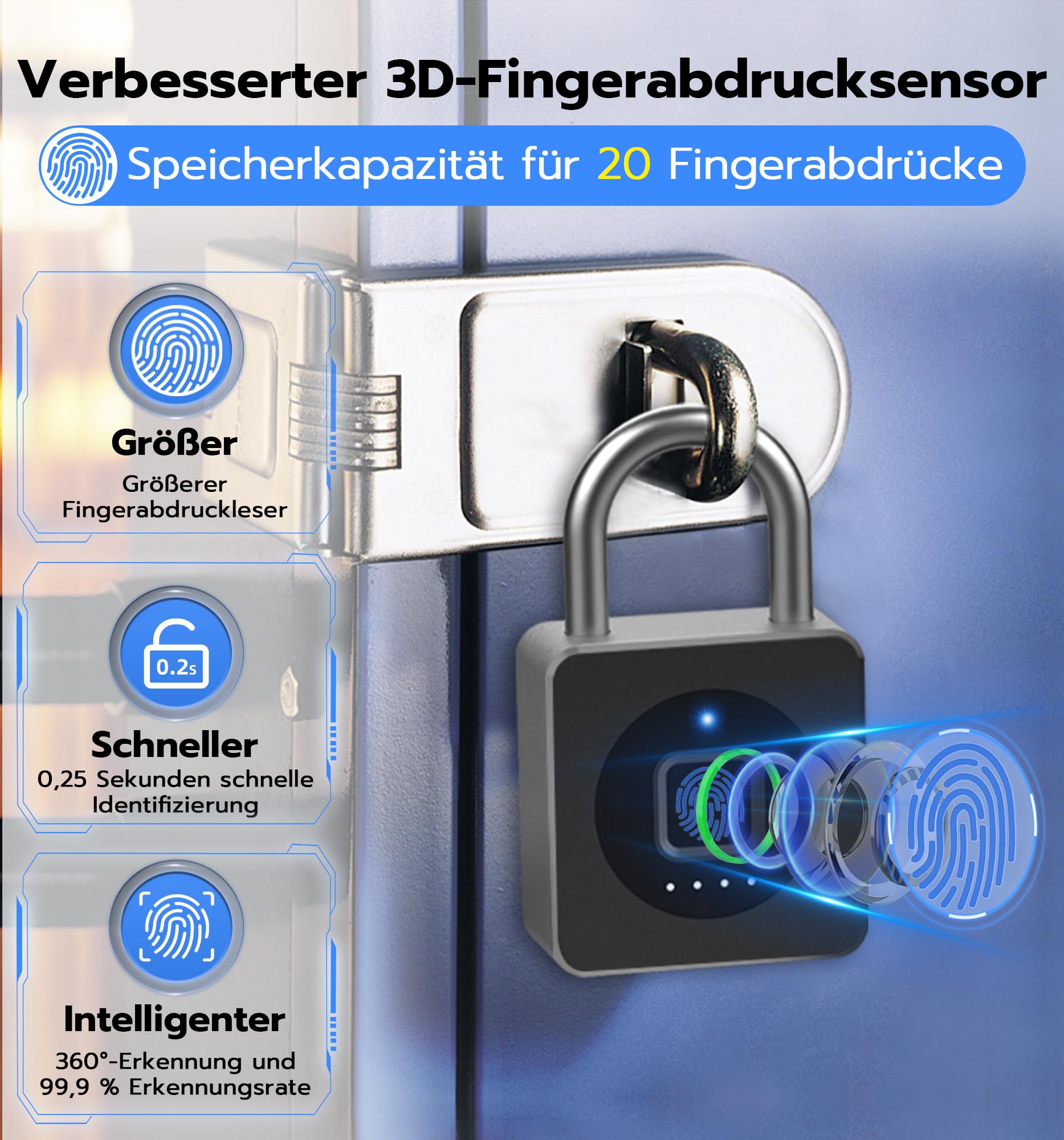 Smart Fingerabdruck Vorhängeschloss mit Bluetooth App – Elektronisches Kombischloss für Fitnessraum, Gartentor, Außenschrank und Lager – Schwarz