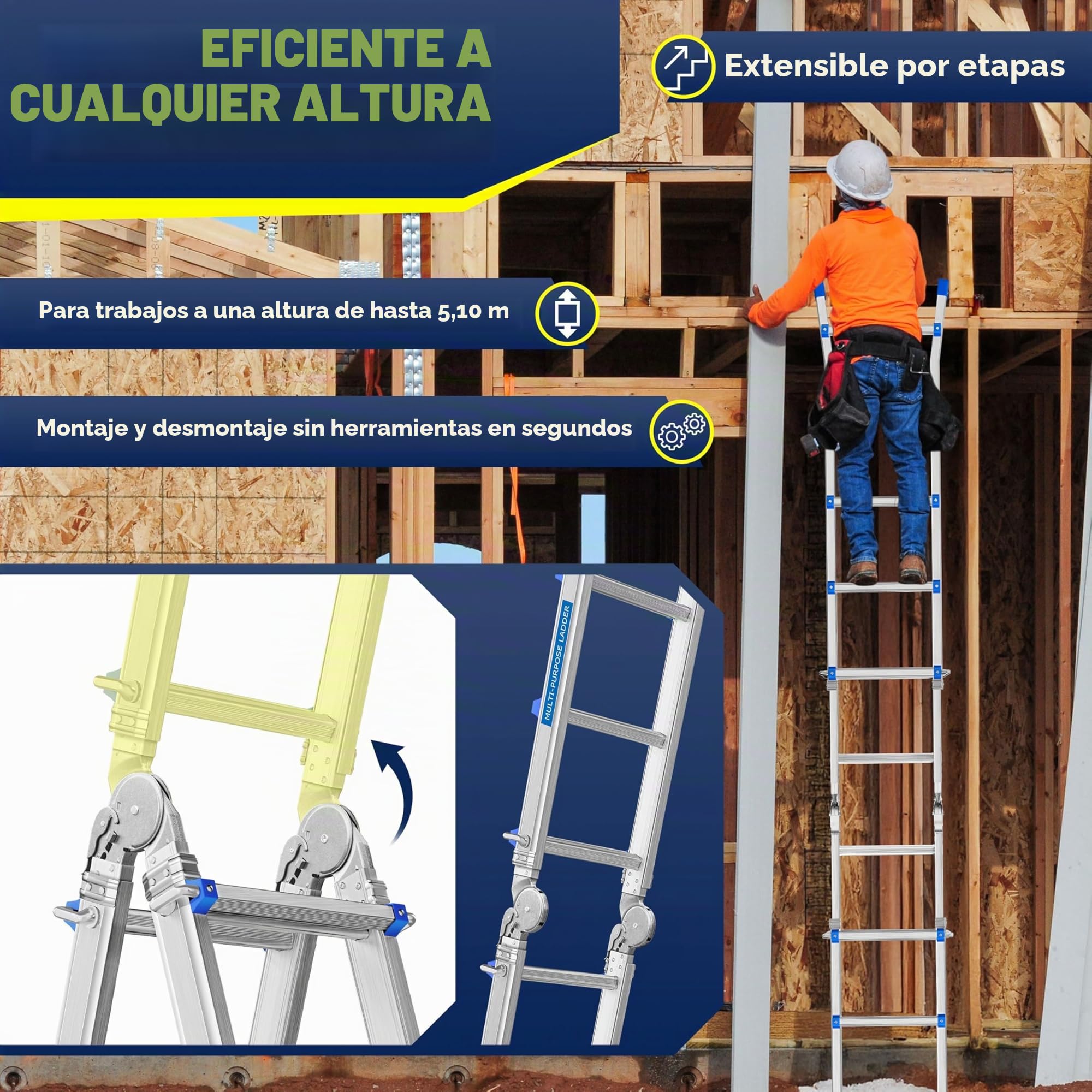 MASKO® Escalera de Aluminio multifunción 5,10m 4x5 peldaños Escalera telescópica ✓ Escalera multifunción ✓ Escalera Plegable Escalera de Caballete Escalera Extensible Escalera de Tijera de Doble Cara