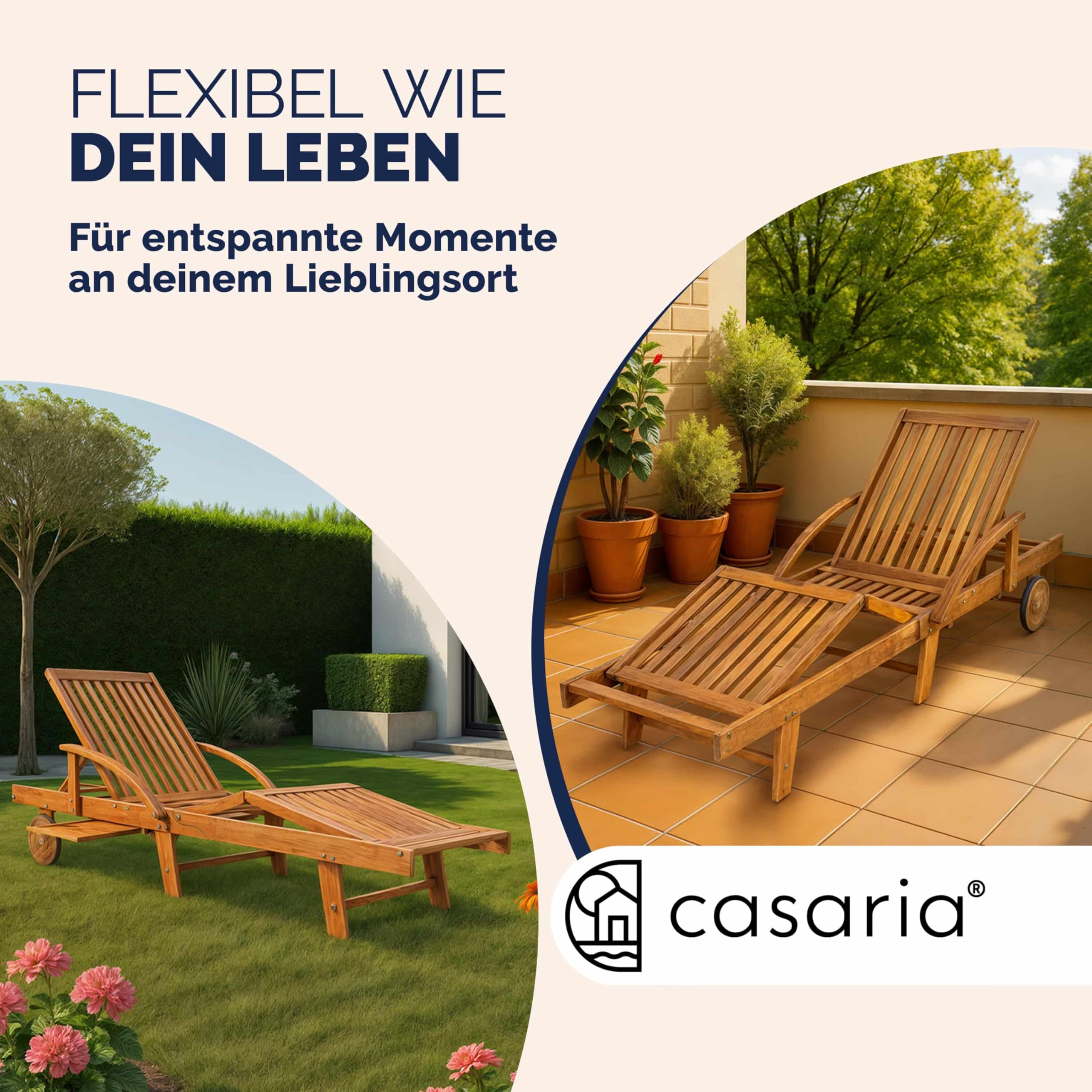 Casaria® Sonnenliege Klappbar Wetterfest Holz Gartenliege 160kg Belastbar mit 2 Räder Ablage Tisch Liegestuhl Verstellbare Rücken- Fußlehne Garten 196cm