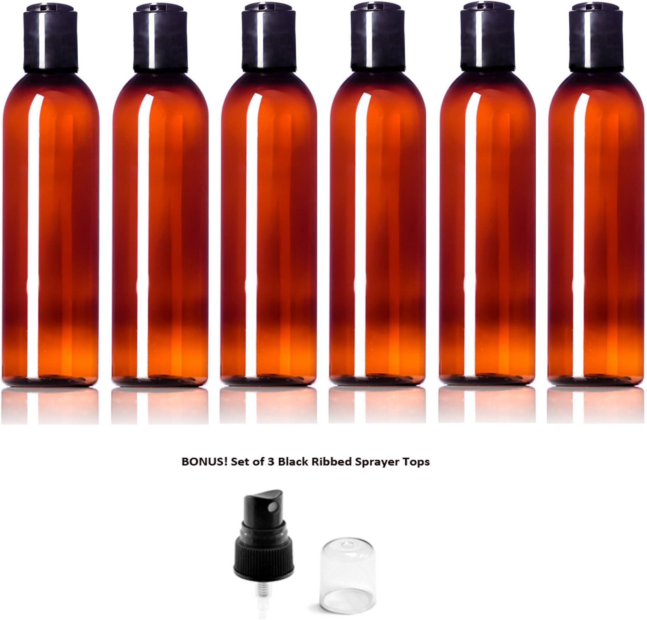 Amber PET Plastic 4 Ounce Cosmo Bullet Bottle with Black Disc Flip Caps (Set of 6)