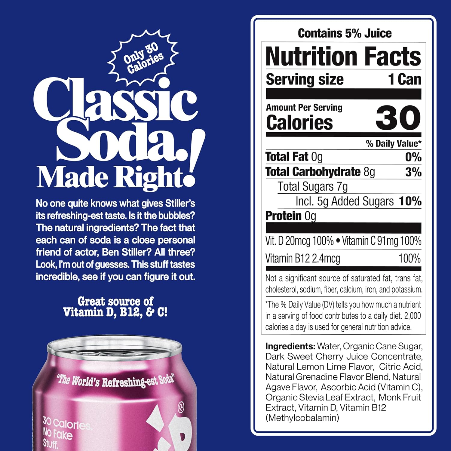 STILLER's Natural Soda (Shirley Temple, 12 Cans) No Biotics, Only 30 Calories, No Fake Stuff - Real Cherry, Real Lime - Caffeine Free - Low Sugar - Vitamin D, C, B12 - Soda Soft Drinks - 12 fl oz