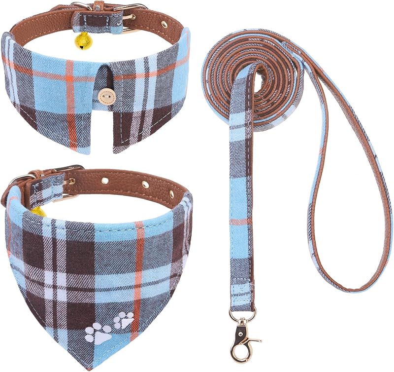 Coleira para Cães Pequenos com Guia, Bandana Removível e Estampa Xadrez EXPAWLORER SkyBlue XS