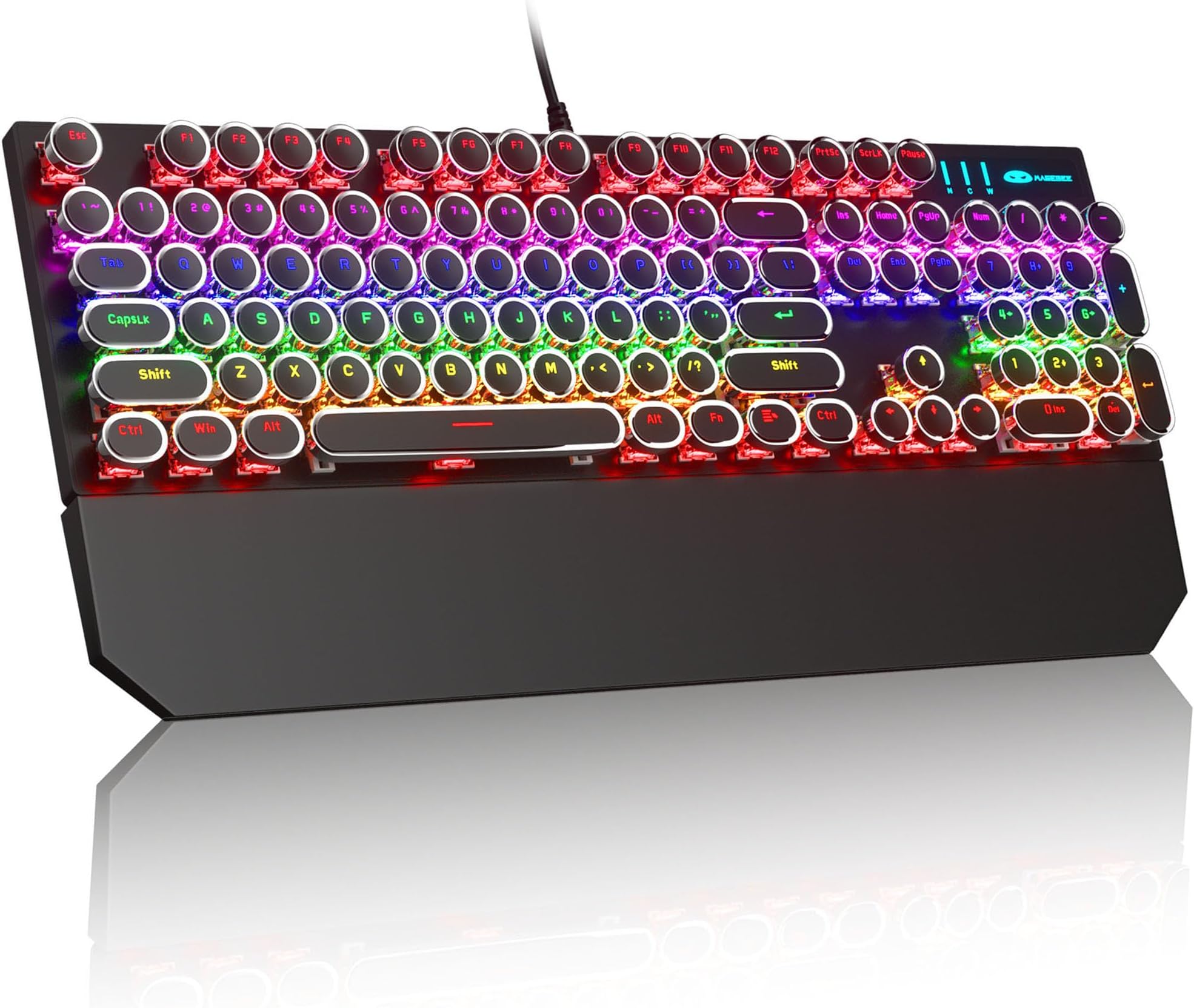 MageGee Typewriter Mechanical Gaming Keyboard, Retro Black Punk Round Keycaps RGB Rainbow Backlit Wired Keyboards for Laptop MAC PC Gamer, with Magnetic Wrist Rest - Blue Switch