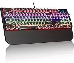 Teclado mecânico MageGee para jogos, máquina de escrever, teclas redondas punk pretas, com fio retroiluminação arco-íris RGB para laptop, Mac, PC Gamer, descanso de pulso magnético, interruptor azul
