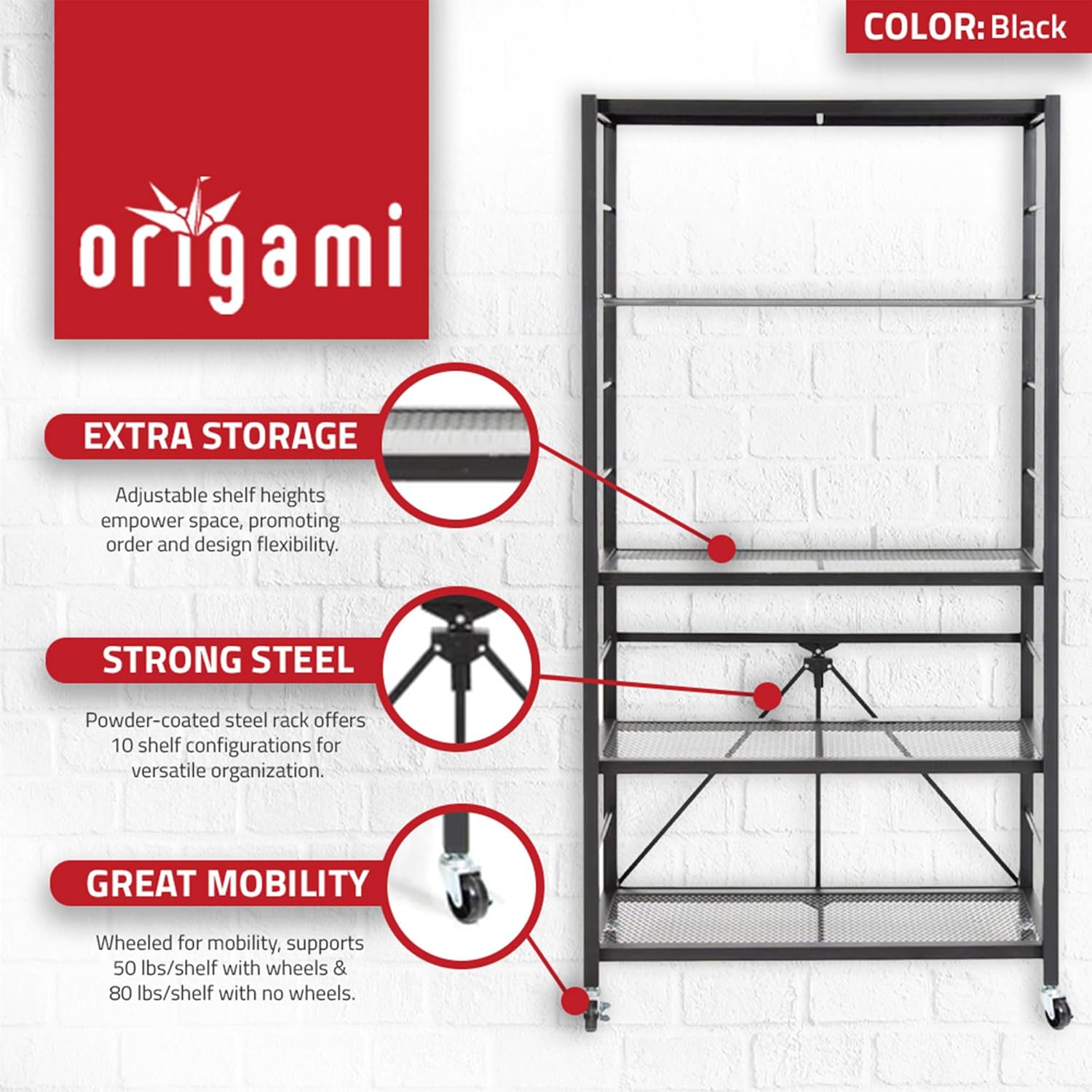 Origami 2-Pack R2 Storage Rack, 4-Tier Heavy Duty Folding Steel Shelves with Wheels, Black