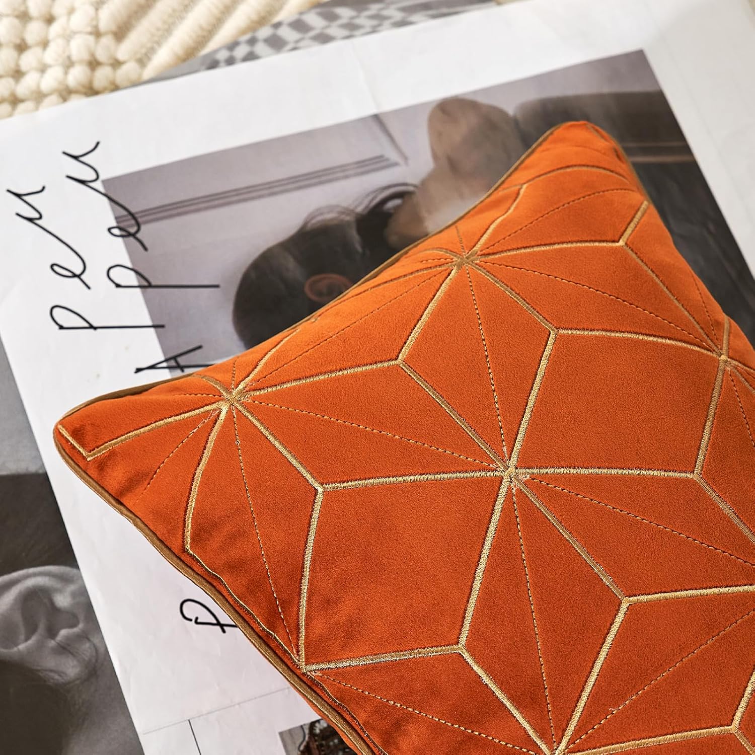 Aeckself 12 x 20 Inch Orange Gold Plaid Geometric Stripes Embroidery Velvet Cushion Case Luxury Modern Rectangle Decorative Throw Pillow Cover Pillowcase for Couch Living Room Bedroom Car - Image 4