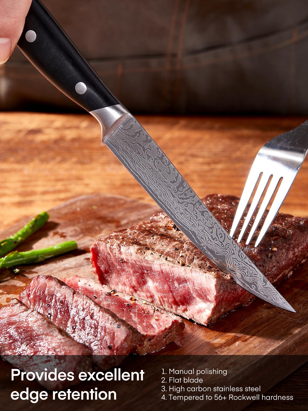 Couteaux à Steak, 8 Pièces Couteaux de Table avec Bloc à Couteaux, Ensemble de Couverts à Steak à Lame Droite Extra Tranchante, avec Motif Damas, Poignée Pleine Soie, Couteaux pour Maison et Cuisine