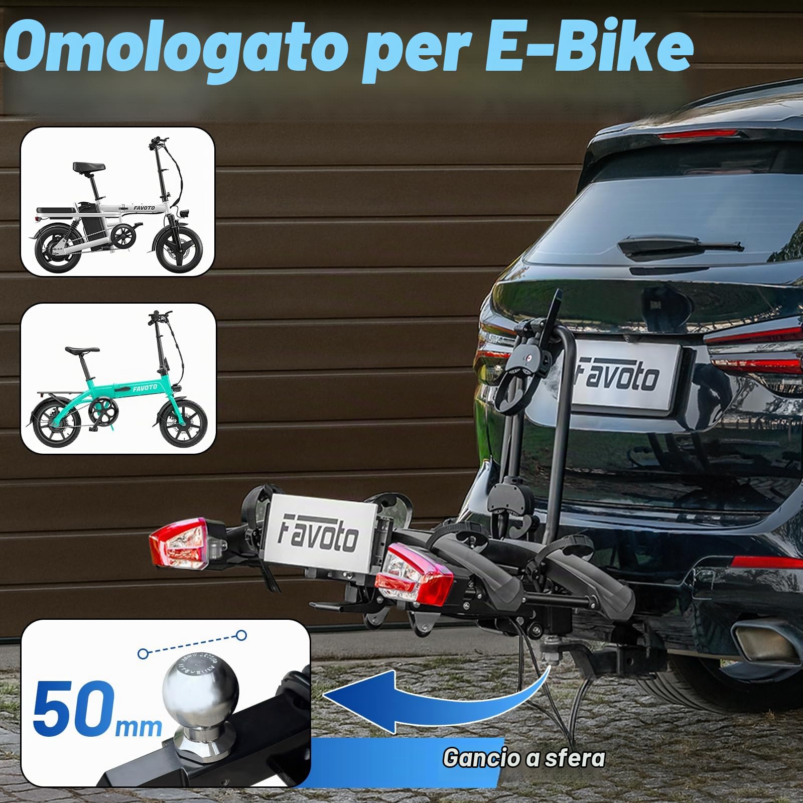 Favoto Portabici per E-Bike con Rampa Pieghevole – Gancio Traino in Alluminio per 2 Bici fino a 60kg con Fanali Posteriori Serratura Antifurto e Porta Targa Compatibile con Pneumatici fino a 26x4.0"
