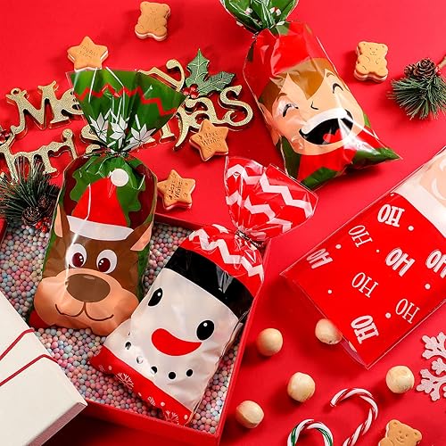 Miniatura 4 de 120 bolsas de celofán de Navidad, bolsas de plástico de Santa Celofán, 4 estilos, bolsas de galletas de Navidad con 200 lazos dorados y plateados