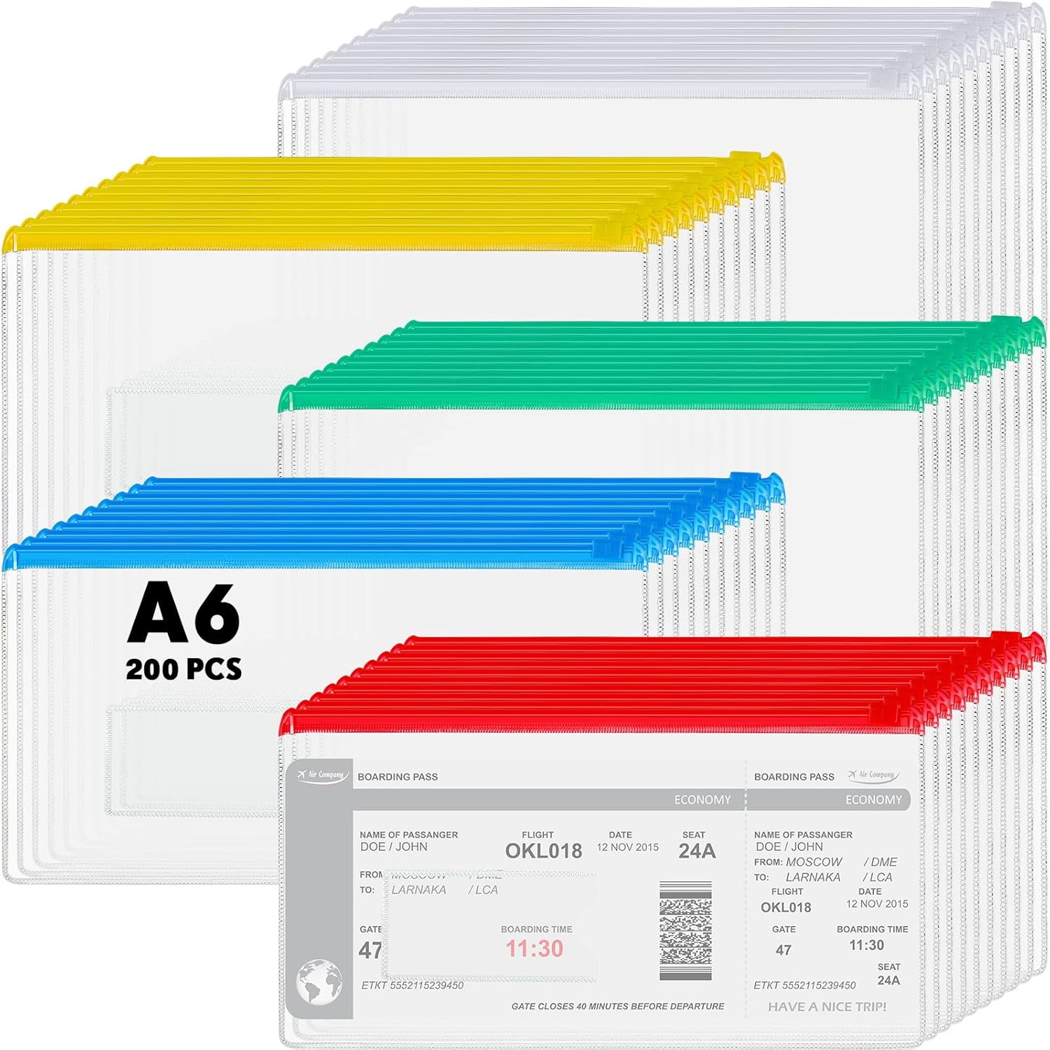 Zhehao 200 Pcs Poly Zip Envelopes Bulk, A6 Size Clear Plastic Pencil Pouch with Label Zipper, 9.2 x 4.7 Inch Reusable Bill File Bag for Cash, Money (Multicolor)