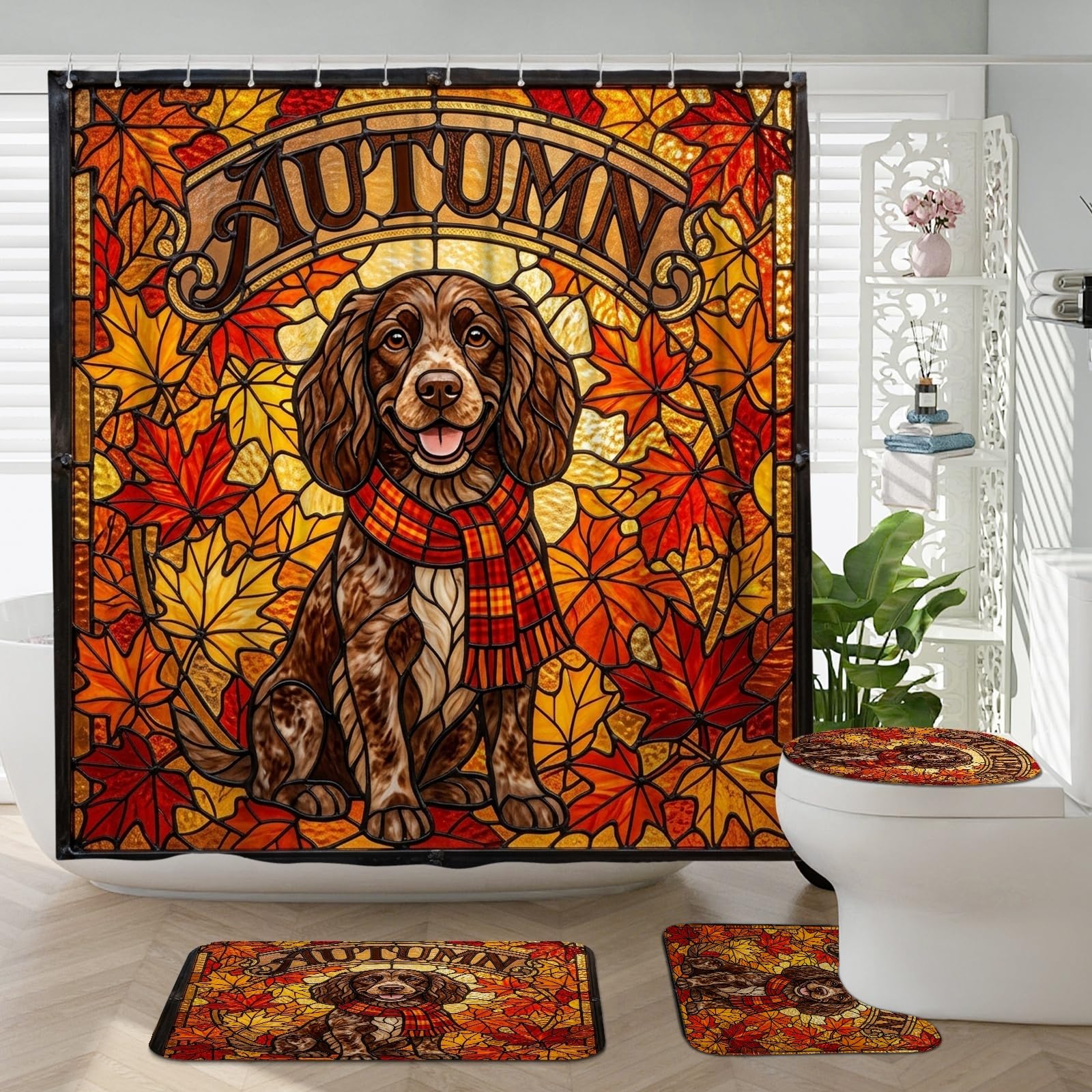 Rideaux de douche d'automne anti-éclaboussures et tapis de bain lavables pour sols secs