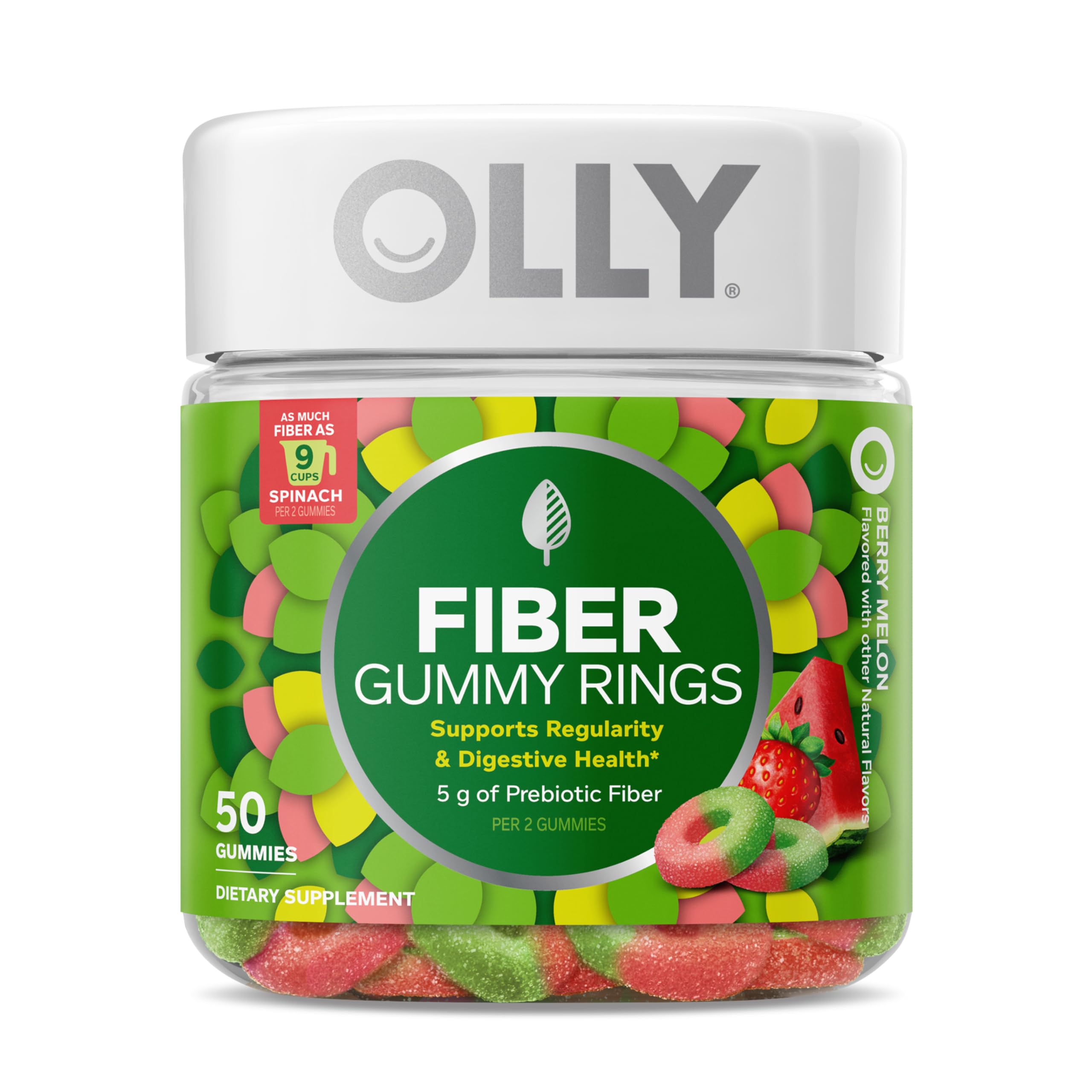OLLY Fiber Gummy Rings, 5g Prebiotic Fiber, FOS (Fructo-oligosaccharides), Digestive Support, Berry Melon 50ct