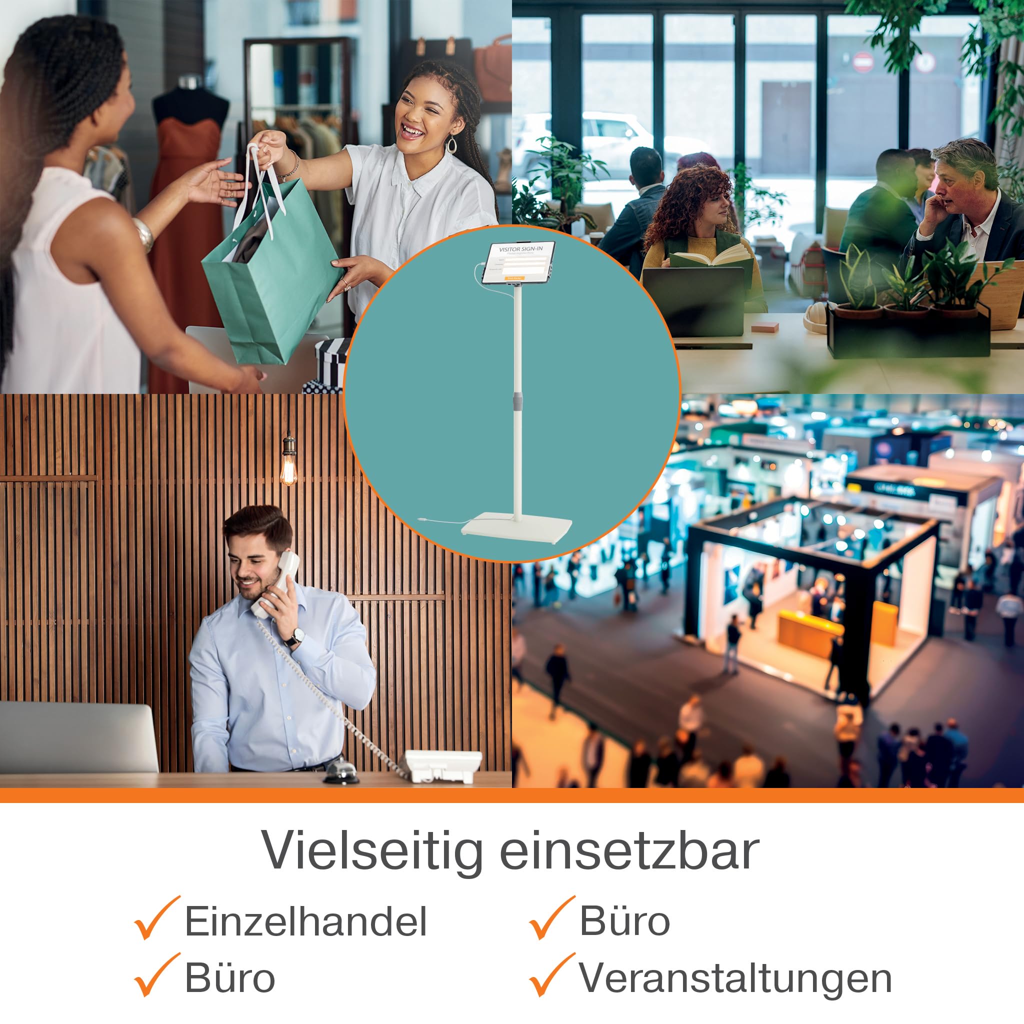 Nobo Impression Pro Tablet-Bodenständer, höhenverstellbar & abschließbar | Für Tablets 9"-12,9", Höhe 690-1190 mm, drehbar, Kabelmanagement, Diebstahlschutz, Empfang, Shop, Messe, weiß