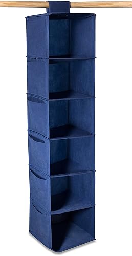 Miniatura 3 de Organizador de ropa para colgar en el armario con 6 estantes, color azul, Algodón, Azul marino, Paquete de 1