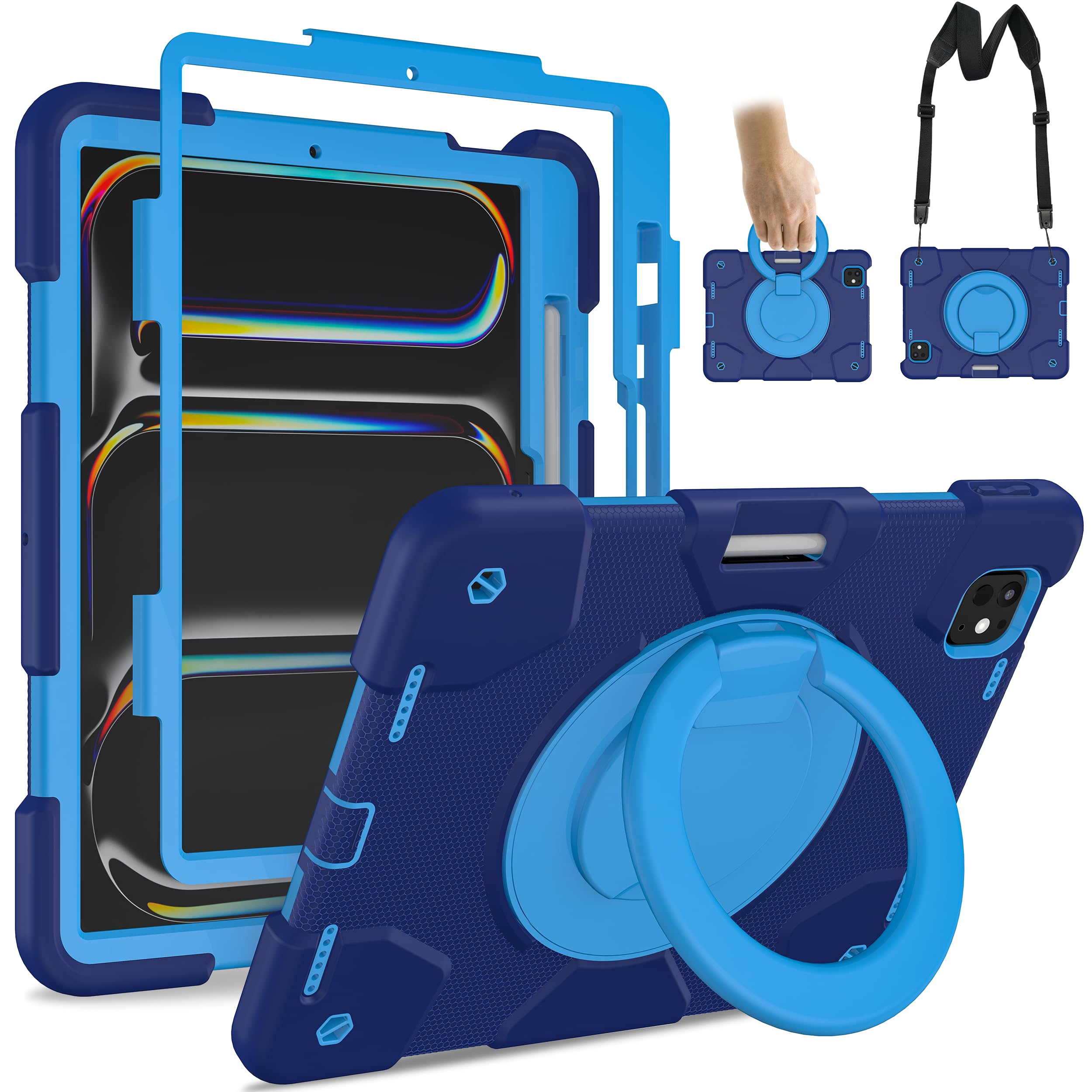 Andnary Case for iPad Pro 11 Inch M4 2024/M5 2025 Case, Heavy Duty Shockproof Cover with Screen Protector/360° Rotate Stand/Shoulder Strap/Pencil