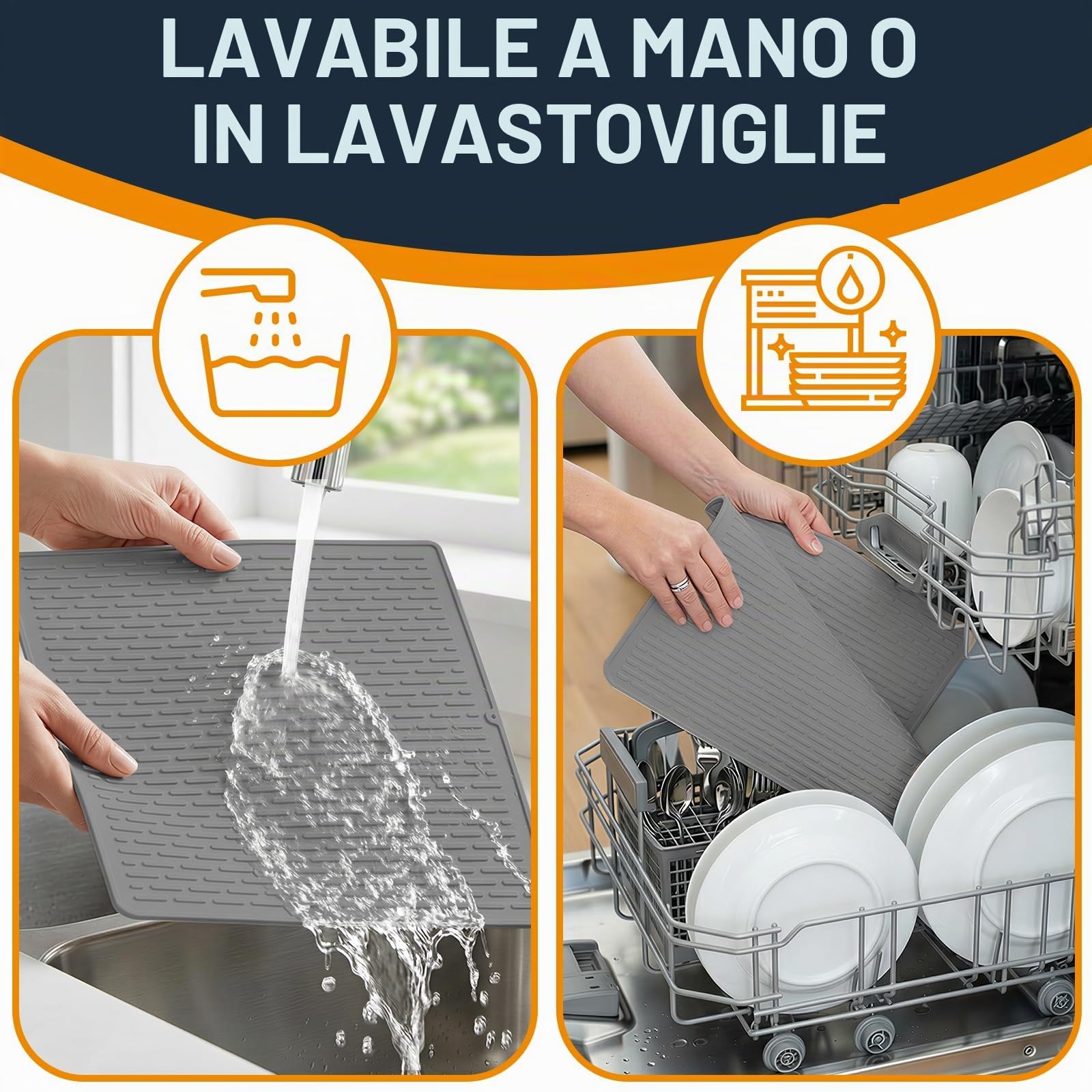BLESWIN Tappetino Scolapiatti Extra Large in Silicone, 50 X 70 cm, Antiscivolo, Resistente al Calore E Facile da Pulire, Adatto per Piani di Lavoro, Lavelli E Frigoriferi (Grigio)