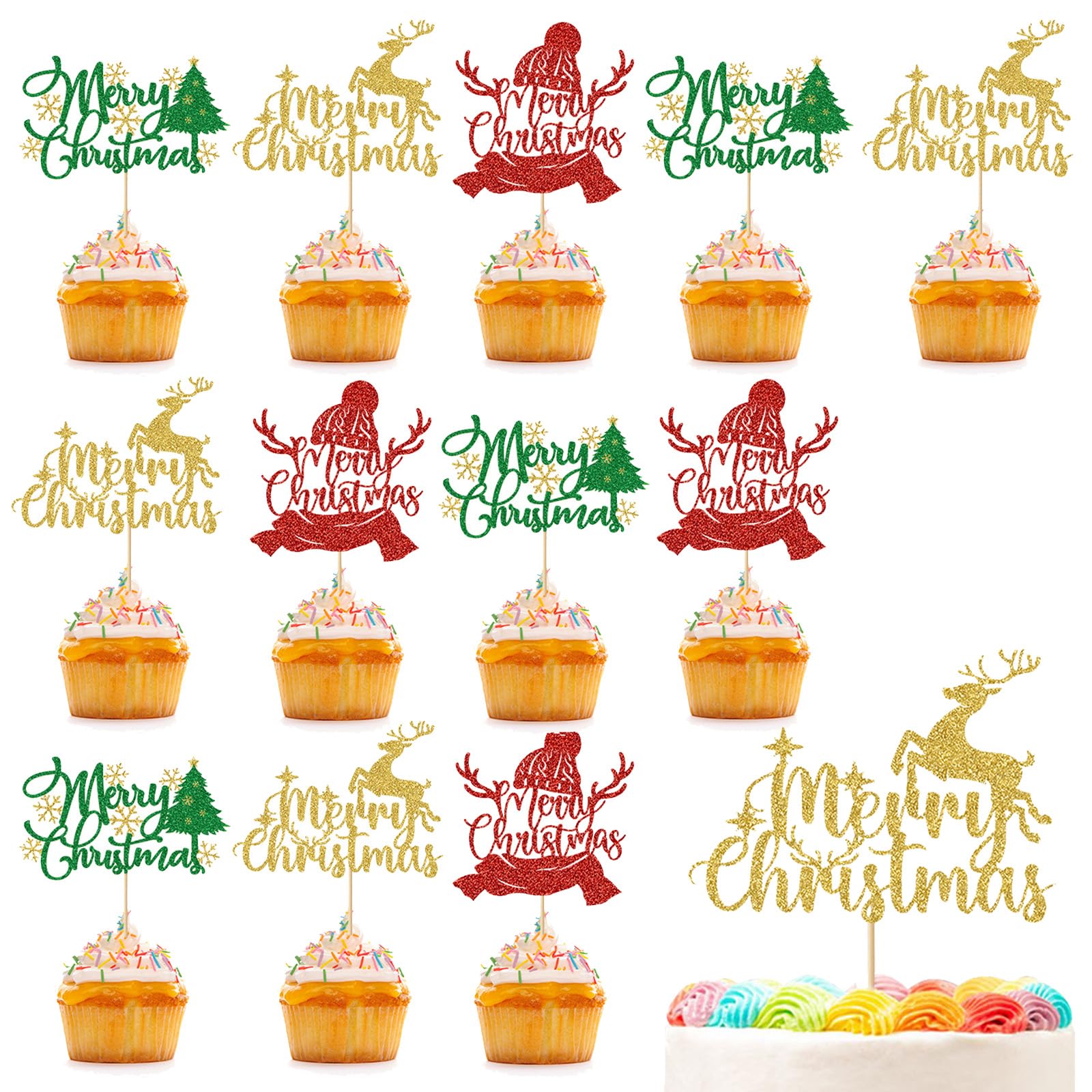 KASESSS Merry Christmas Cake Topper Set, Christmas Cake Toppers with Tree, Deer, Hat Designs